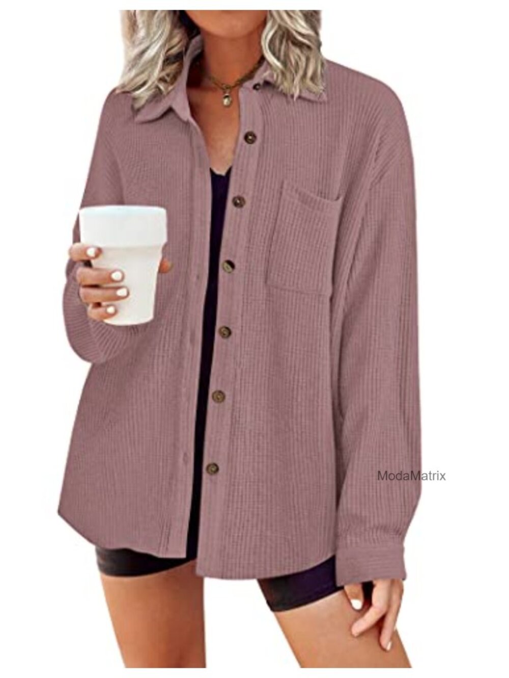 Waffle Knit Button Down Shirt Long Sleeve Shacket with Pocket